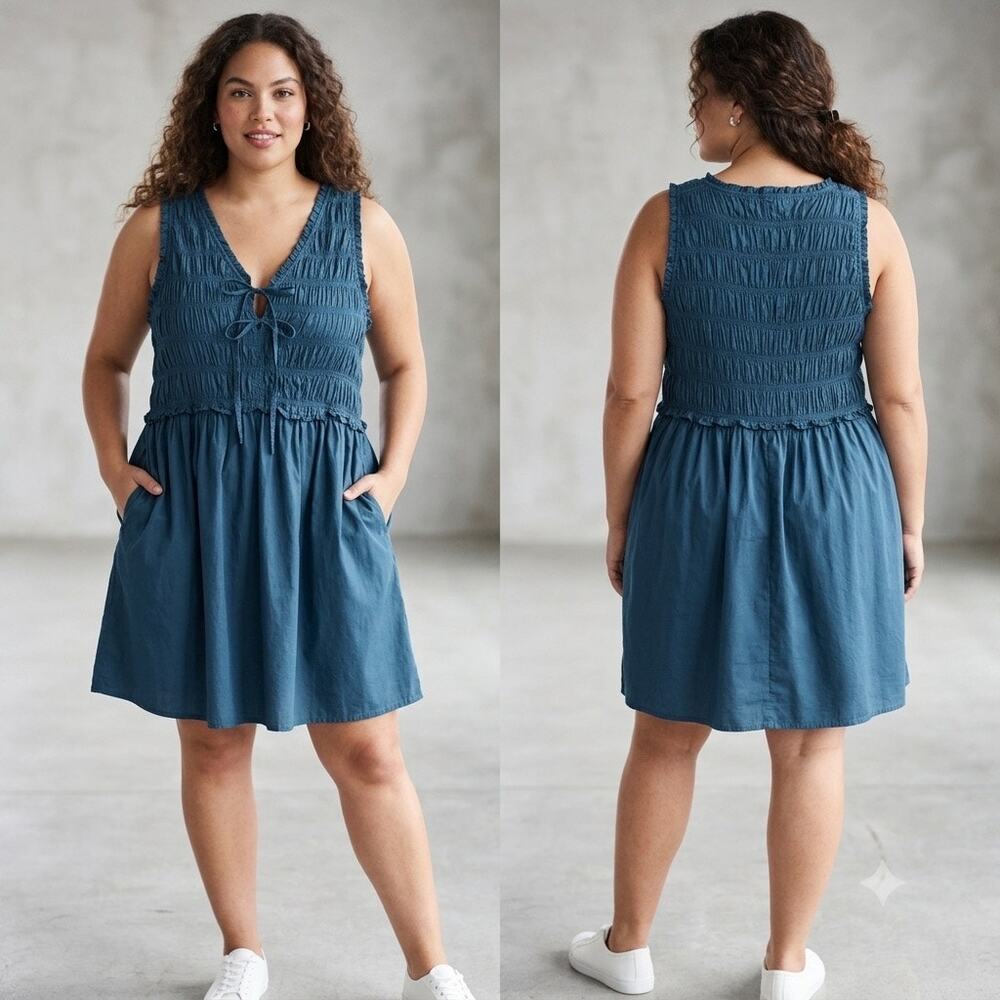 Old Navy Smocked Tie Front Mini Dress Teal Blue Cotton Sleeveless Pockets XXL